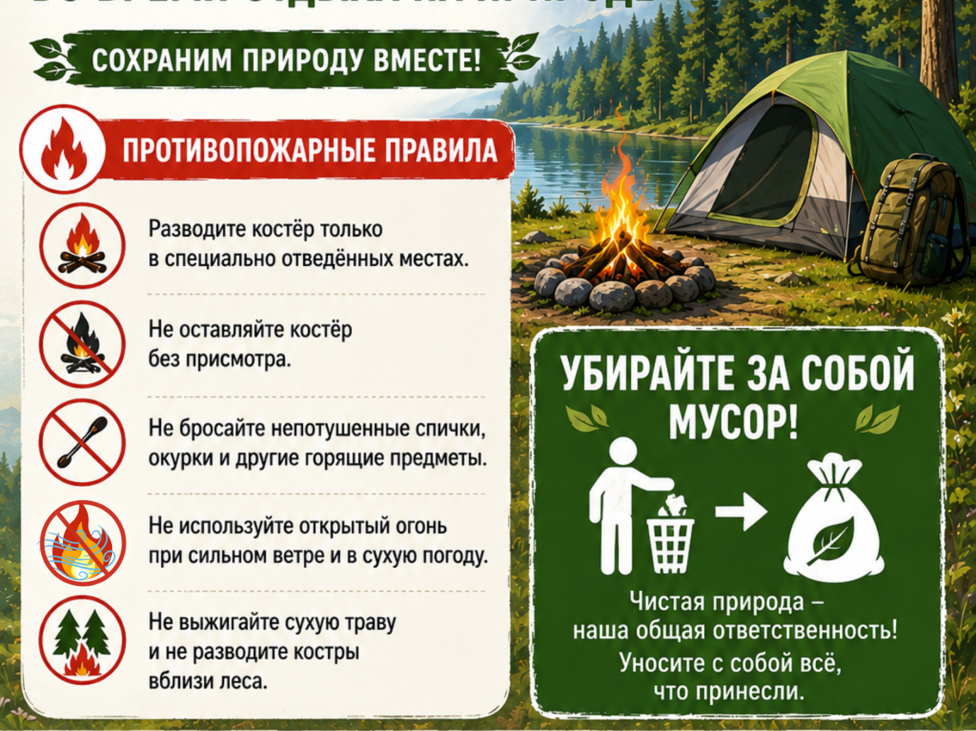 Соблюдайте противопожарные правила на природе.